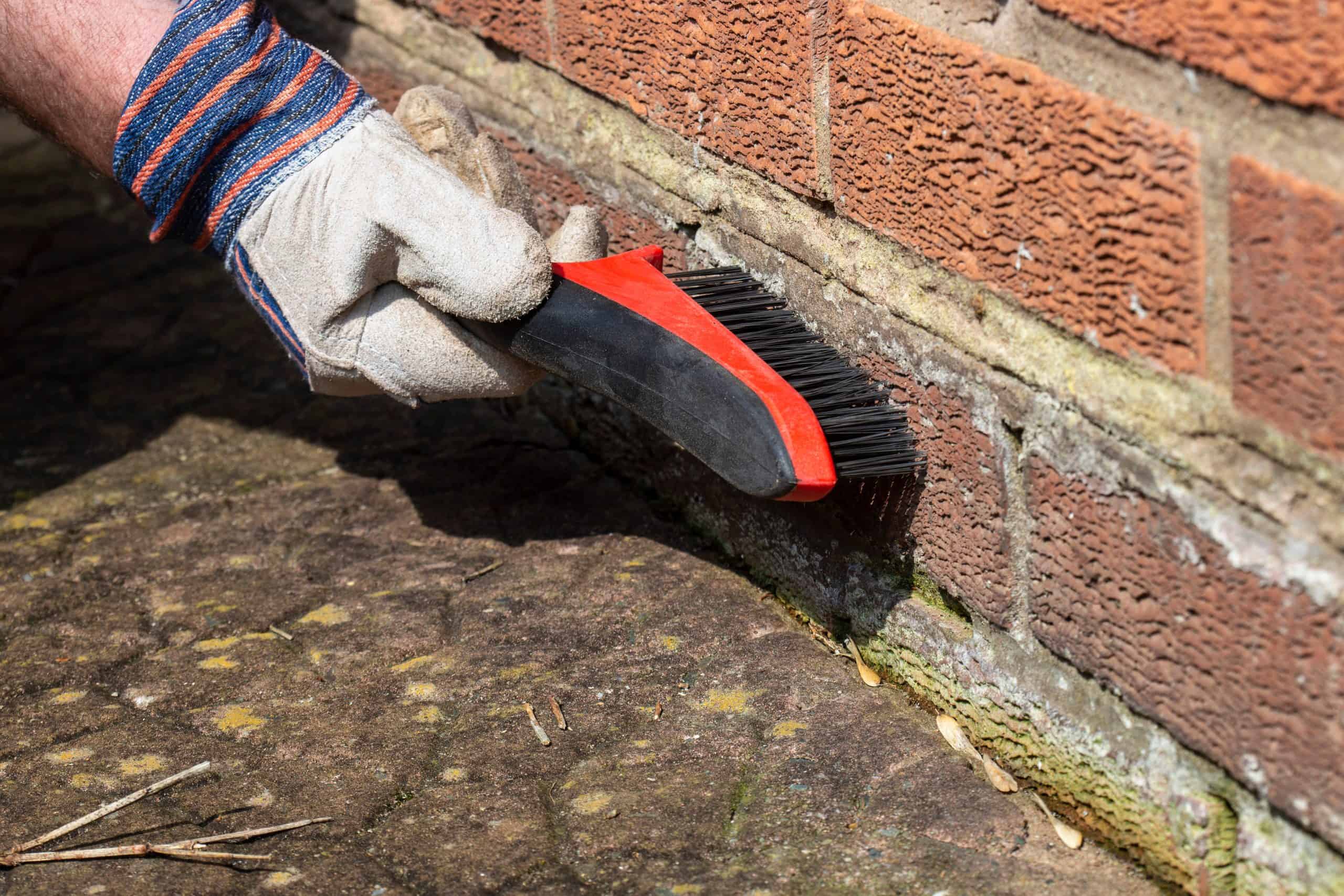 Close-up of a gloved hand removing cement residue and dirt from tiles.