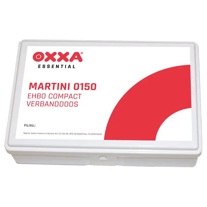 OXXA Essential Martini 0150 – compact first aid kit in a white case with red logo.