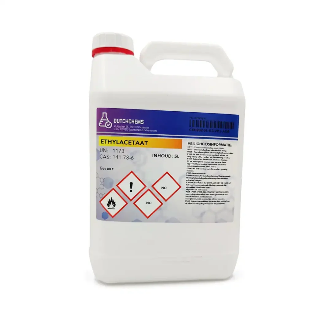 White 5 liter jerry can with label “Ethyl acetate UN 1173 CAS 141-78-6