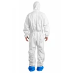 White PROTEC Classic protective coverall with hood, worn by man with blue overshoes