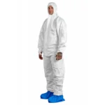 White PROTEC Classic protective coverall with hood, worn by man with blue overshoes