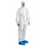 White PROTEC Classic protective coverall with hood, worn by man with blue overshoes