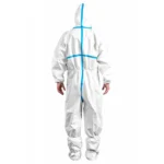 Man wears a white Protec Plus chemical protective suit with blue taped seams, hood and elastic finishing.
