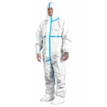 Man wears a white Protec Plus chemical protective suit with blue taped seams, hood and elastic finishing.