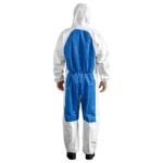 Man in Protec Comfort white/blue chemical protective suit with hood and elastic finish.