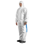 Man in Protec Comfort white/blue chemical protective suit with hood and elastic finish.