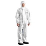 Man in Protec Comfort white/blue chemical protective suit with hood and elastic finish.