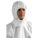 Man in Protec Comfort white/blue chemical protective suit with hood and elastic finish.