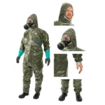 ProChem I CLF protective suit, collage of detailed photos: hood, thumb loops, zipper and with gas mask.