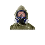 Close-up of person wearing gas mask and hood of ProChem I CLF protective suit.