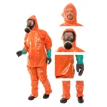 ProChem I CLF orange protective suit, collage of detailed photos: hood, thumb loops, zipper and with gas mask.