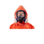Close-up of person wearing gas mask and hood of orange ProChem I CLF protective suit.