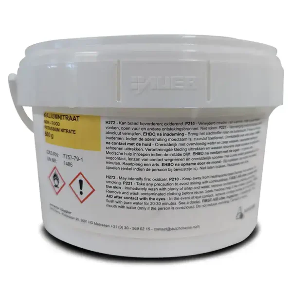 Half a kilo of fine white potassium nitrate powder in a bucket.