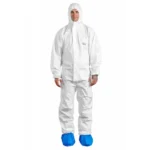 White PROTEC Classic protective coverall with hood, worn by man with blue overshoes