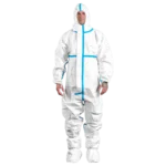 Man wears a white Protec Plus chemical protective suit with blue taped seams, hood and elastic finishing.