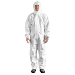 Man in Protec Comfort white/blue chemical protective suit with hood and elastic finish.