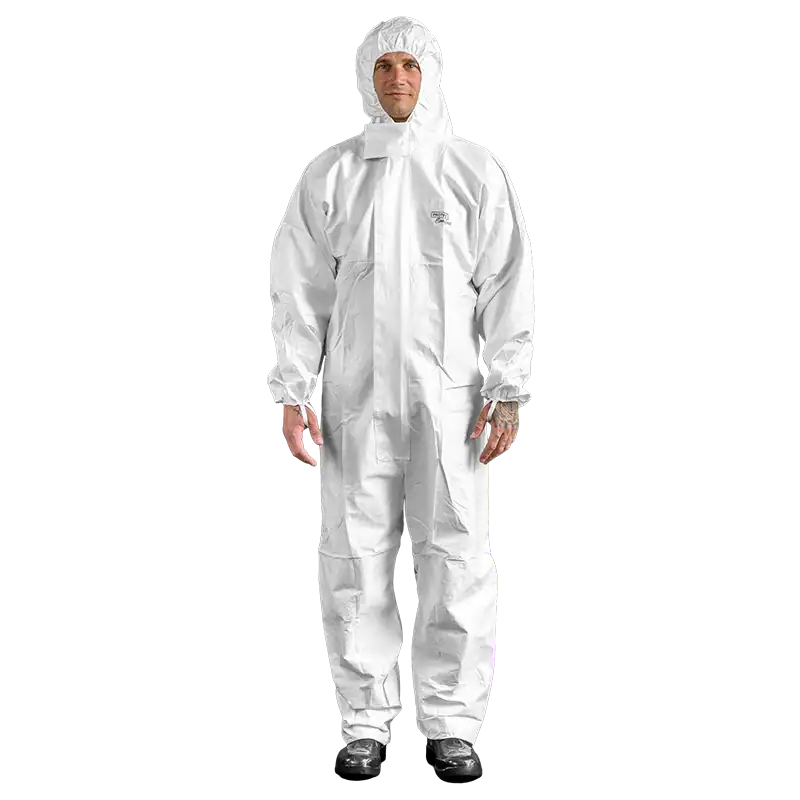Man in Protec Comfort white/blue chemical protective suit with hood and elastic finish.