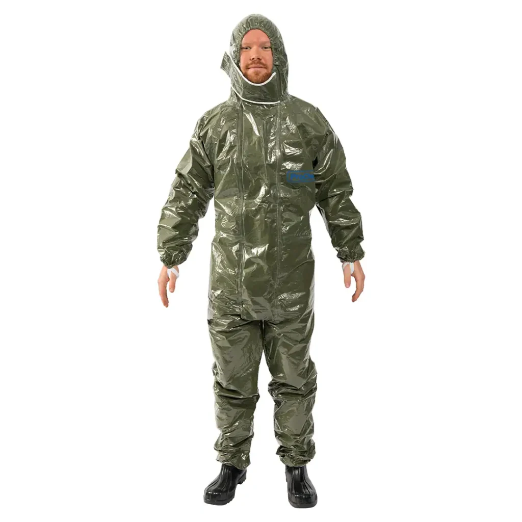 Person wears an olive green ProChem I CLF chemical protective suit with hood.
