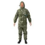 Person wears an olive green ProChem I CLF chemical protective suit with hood.
