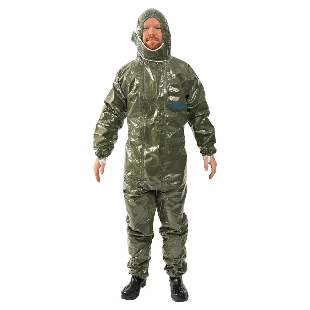 mainimage-001200-oliv-S-1750153297 Person wears an olive green ProChem I CLF chemical protective suit with hood.