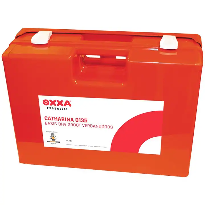 OXXA Catharina 0135 large emergency response first aid kit with wall bracket – approved by the Oranje Kruis (VA30-55), white case with red label, 44×34×15 cm.