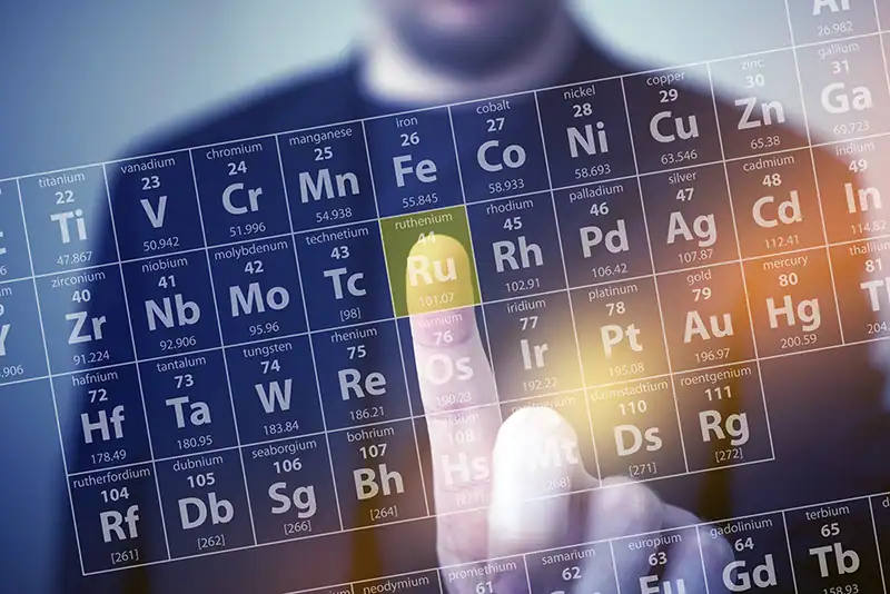 Person pointing to the element ruthenium in an interactive periodic table of the elements.