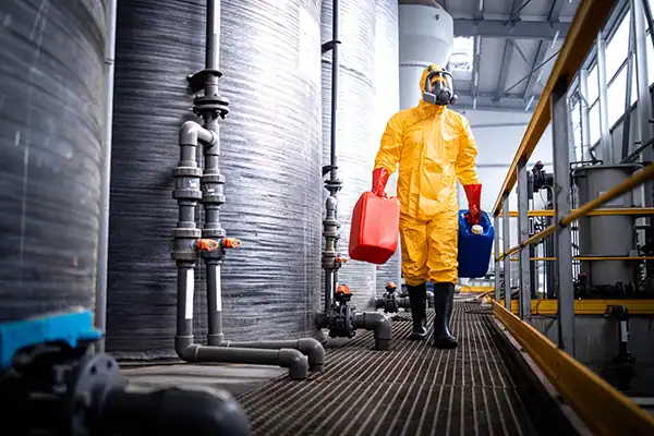 A worker in chemical-resistant coveralls and safety boots for workplace protection.