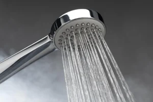 Photo of a shower head with steam in the background