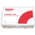 First aid kit with wall bracket – white case, red label, 26 × 17 × 8 cm, steam-sterilized single-use contents.