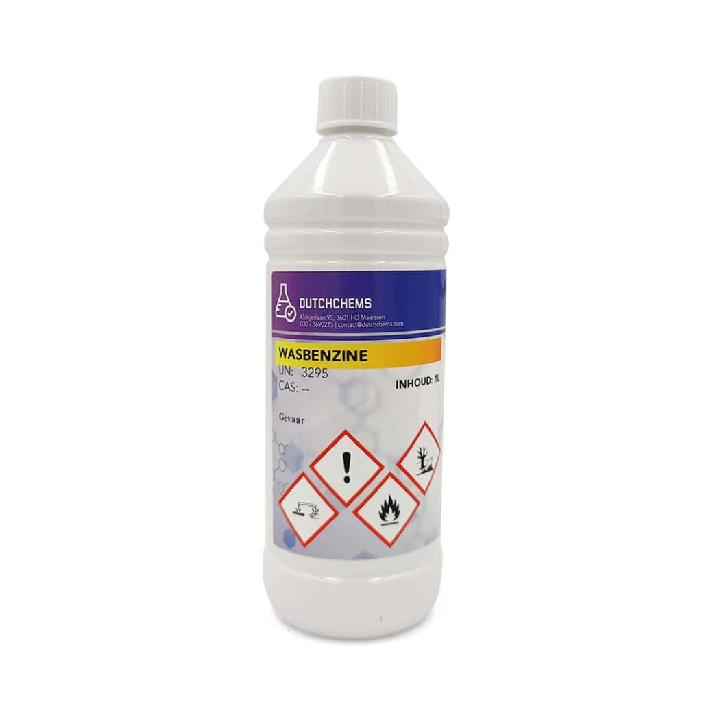 Plastic bottle from DutchChems with the text 'WHITE SPIRIT', provided with safety symbols for flammability and health warnings.