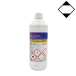 Plastic bottle containing 1 liter of 30% hydrochloric acid solution and safety information on the label.