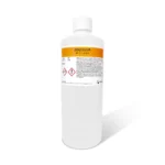 Plastic bottle containing 1 liter of 30% hydrochloric acid solution and safety information on the label.