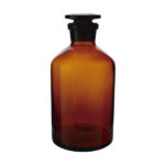 Narrow-necked reagent bottle with glass stopper, amber-colored