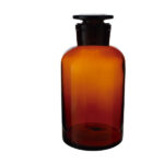 Wide-mouth reagent bottle with glass stopper, amber-colored